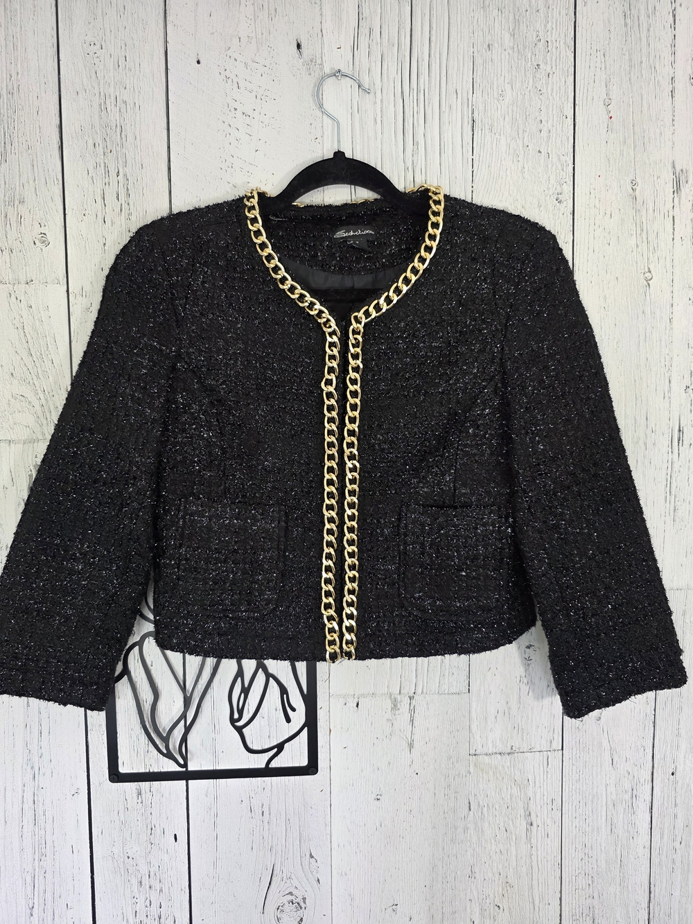 Seduction Black Tweed Gold Chain Jacket Blazer Size Medium